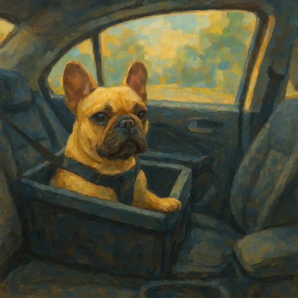 Car/Uber: Frenchie Safe — Air Conditioning; Box/Harness; No Window Ride; Short Stops