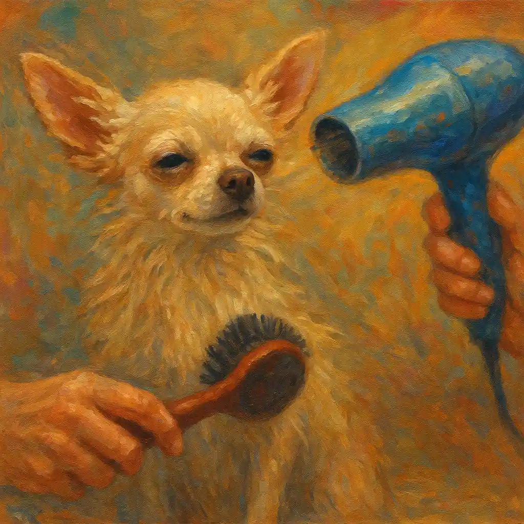 Chihuahua Blow Dry After Bath — Low Heat; Brush; Tools
