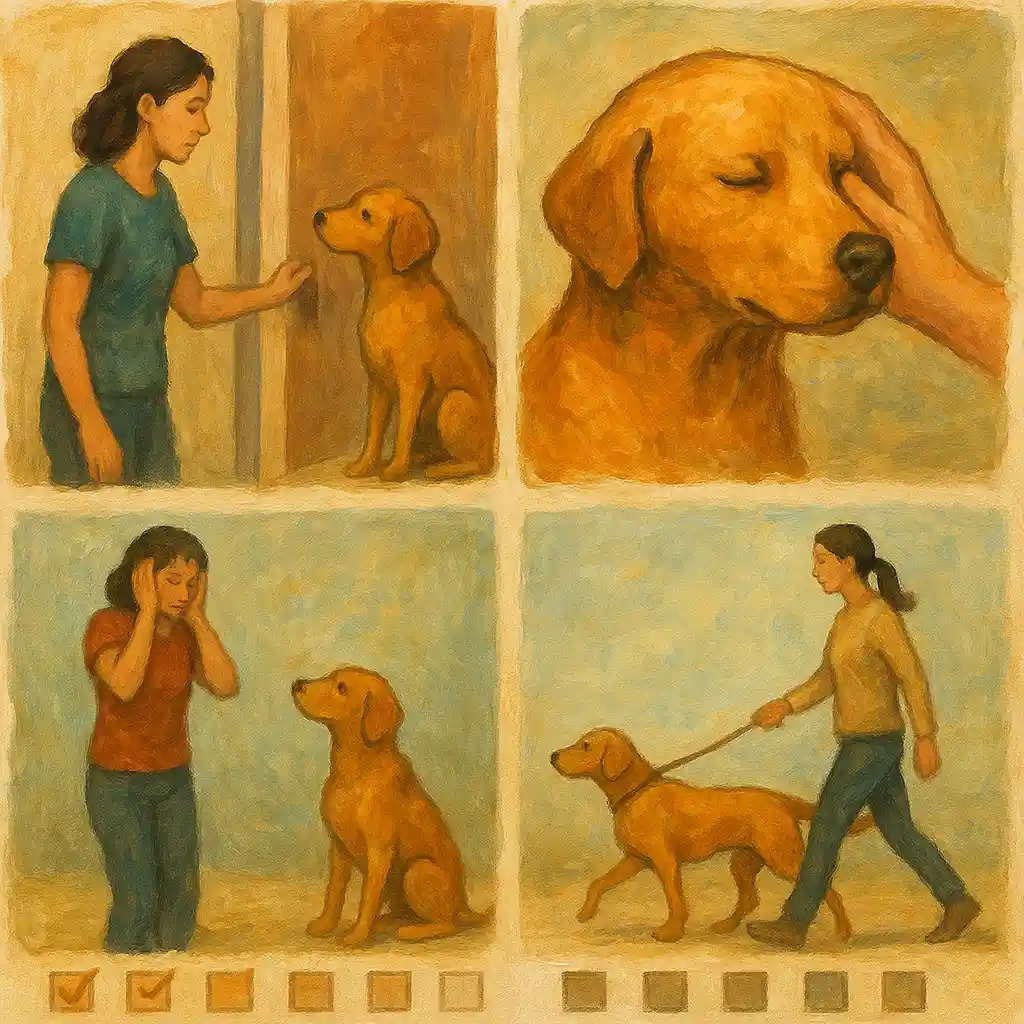 Dog Complete System: 4 Routines (Separation/Skin/Noise/Walk) — Per Routine: 5 Steps; 1 Metric; 1 Review/Week