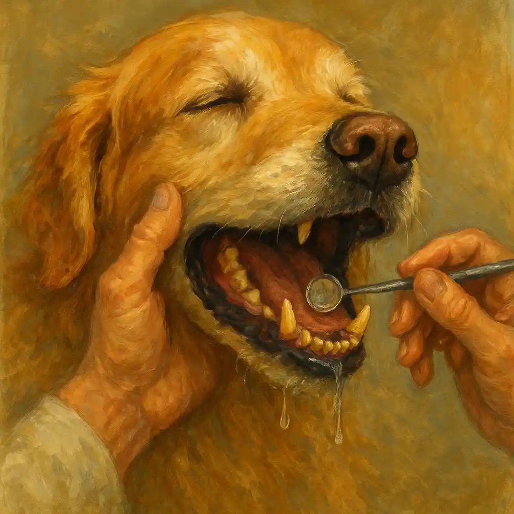 Golden Senior Mouth Check — Tartar; Drool; Brush Plan