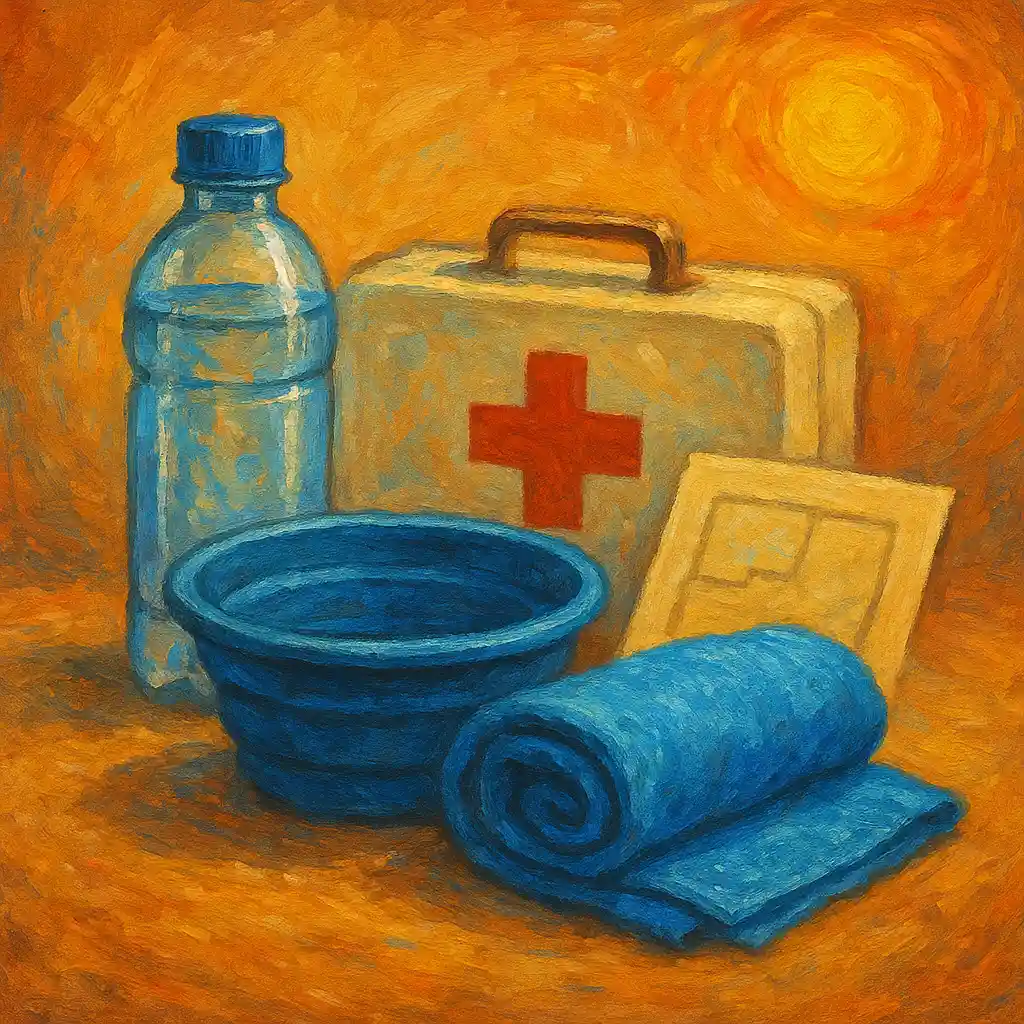 Heat Emergency: “Cool-Down Kit” Pack — Water; Foldable Bowl; Cool Towel; Clinic Address; Transport Plan