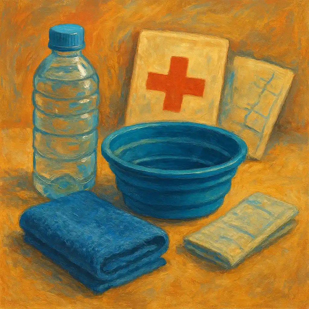 Dog Cool-Down Kit for Heat Emergencies: Water, Foldable Bowl, Cool Towel, Clinic Address, and Transport Plan 1 Heat Emergency: “Cool-Down Kit” Pack — Water; Foldable Bowl; Cool Towel; Clinic Address; Transport Plan