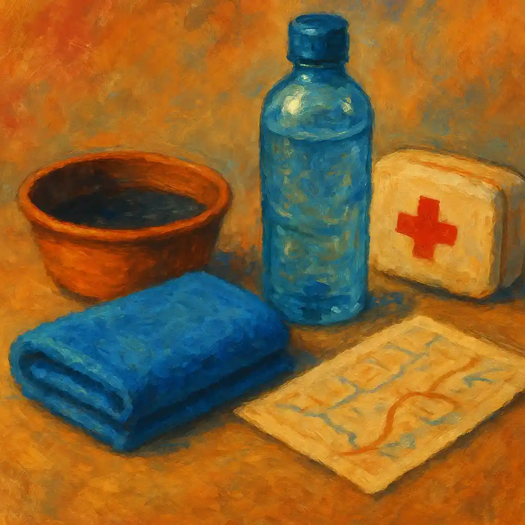 Heat Emergency: “Cool-Down Kit” Pack — Water; Foldable Bowl; Cool Towel; Clinic Address; Transport Plan