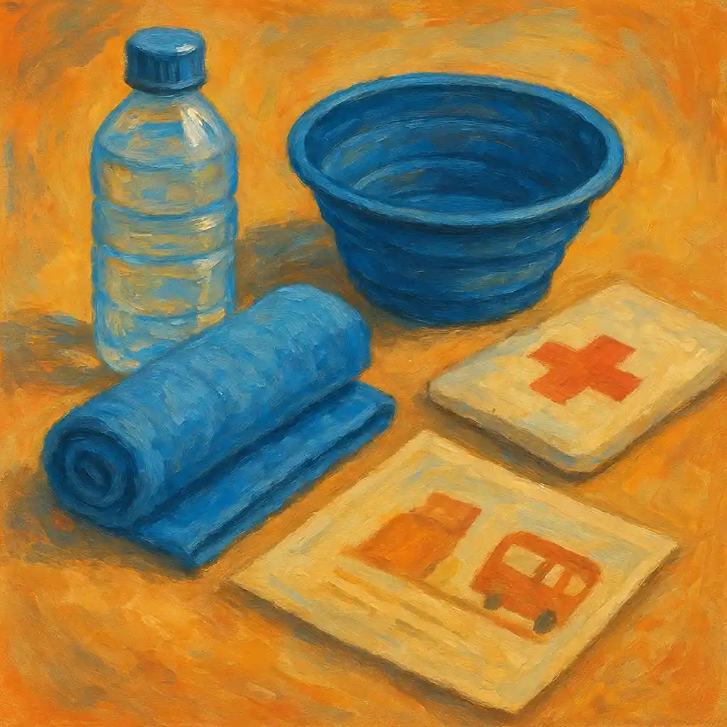 Heat Emergency: “Cool-Down Kit” Pack — Water; Foldable Bowl; Cool Towel; Clinic Address; Transport Plan