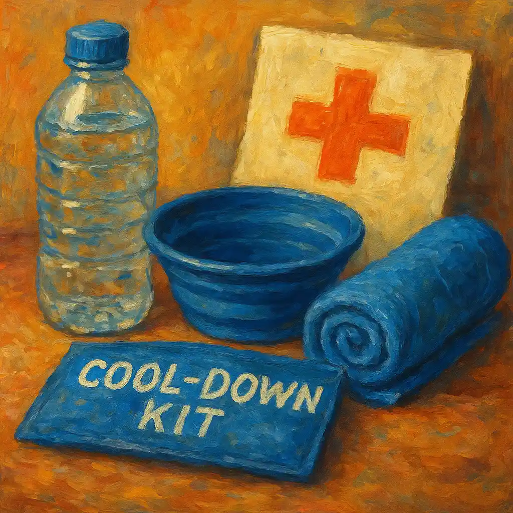Heat Emergency: “Cool-Down Kit” Pack — Water; Foldable Bowl; Cool Towel; Clinic Address; Transport Plan