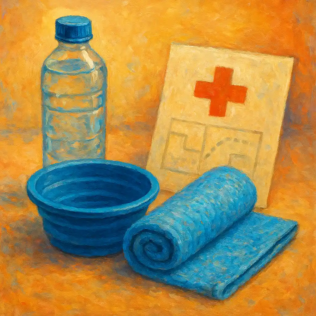 Heat Emergency: “Cool-Down Kit” Pack — Water; Foldable Bowl; Cool Towel; Clinic Address; Transport Plan