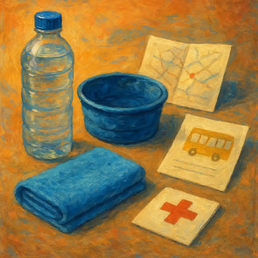 Heat Emergency: “Cool-Down Kit” Pack — Water; Foldable Bowl; Cool Towel; Clinic Address; Transport Plan