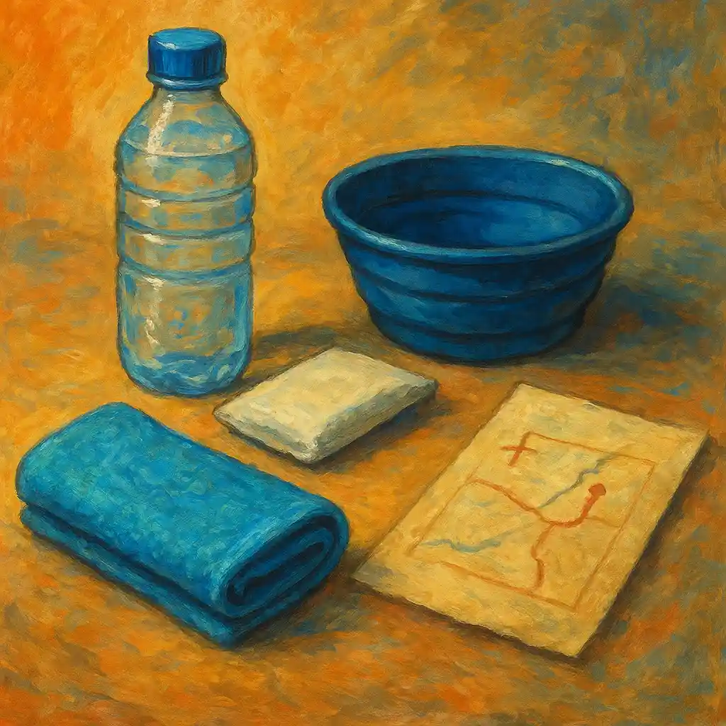 Heat Emergency: “Cool-Down Kit” Pack — Water; Foldable Bowl; Cool Towel; Clinic Address; Transport Plan