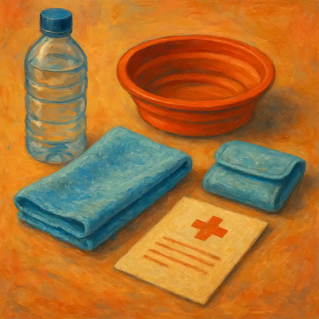 Heat Emergency: “Cool-Down Kit” Pack — Water; Foldable Bowl; Cool Towel; Clinic Address; Transport Plan