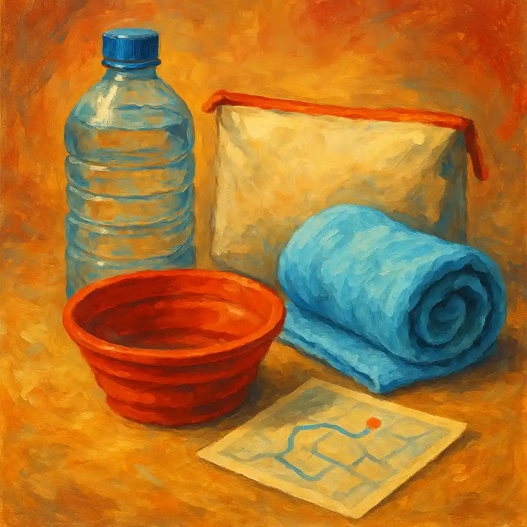 Heat Emergency: “Cool-Down Kit” Pack — Water; Foldable Bowl; Cool Towel; Clinic Address; Transport Plan