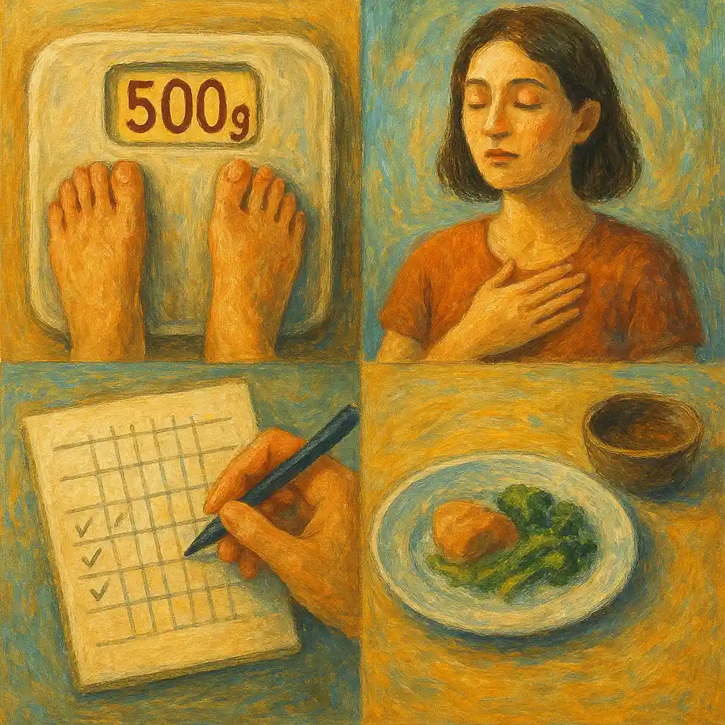 Weight & Breathing: Why 500 g Matters — Short Explanation; Set Target; Weekly Weigh; Treat Plan